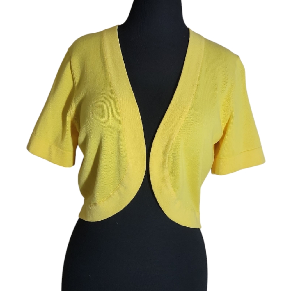 R&K originals yellow open frobt short sleeve knit bolero cardigan size medium